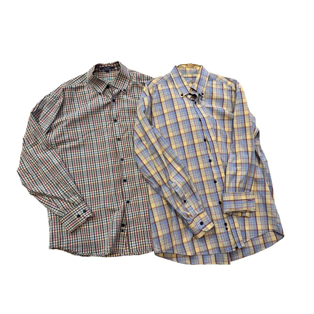 2x Alan Flusser Shirt Mens Large Multicolor Plaid Button Down Long Sleeve Cotton